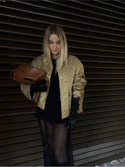 Women's Gold Metallic Bomber Jacket