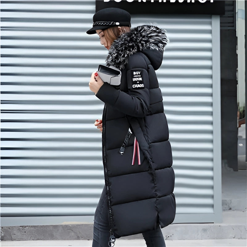 Women's Insulated Puffer Coat Faux Fur Hood Black - Vonnera