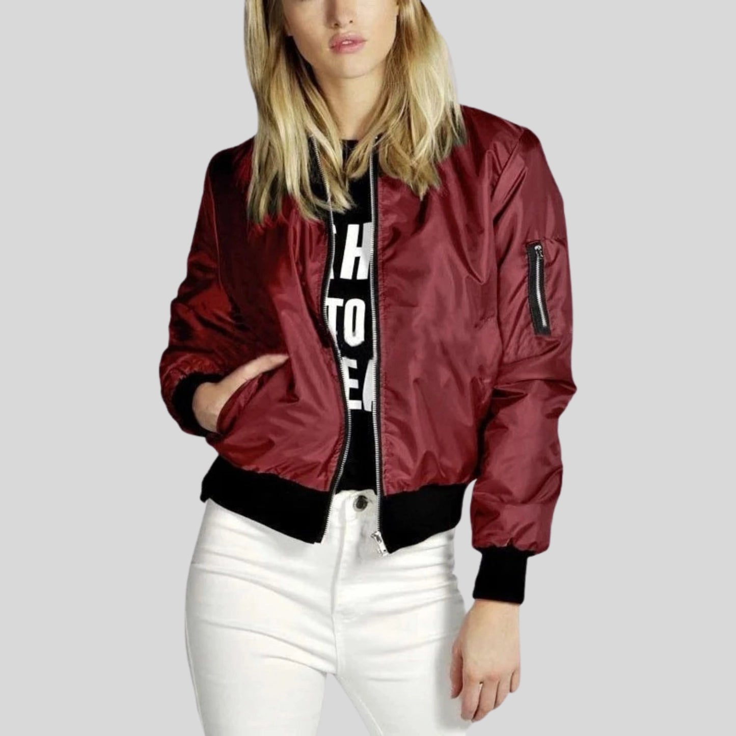 Women's Black Satin Bomber Jacket Lightweight Zip-Up