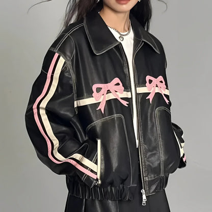 Women's Leather Jacket Bow Motif Metallic Stripes Black