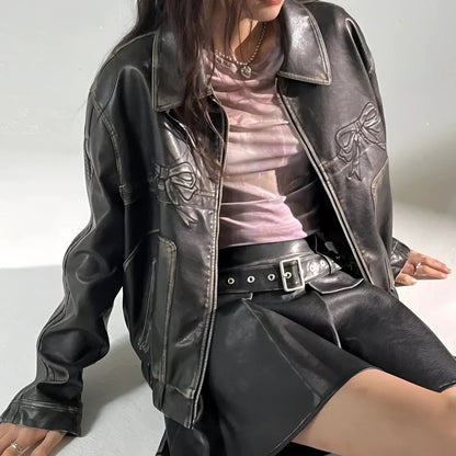 Women's Leather Jacket Bow Motif Metallic Stripes Black