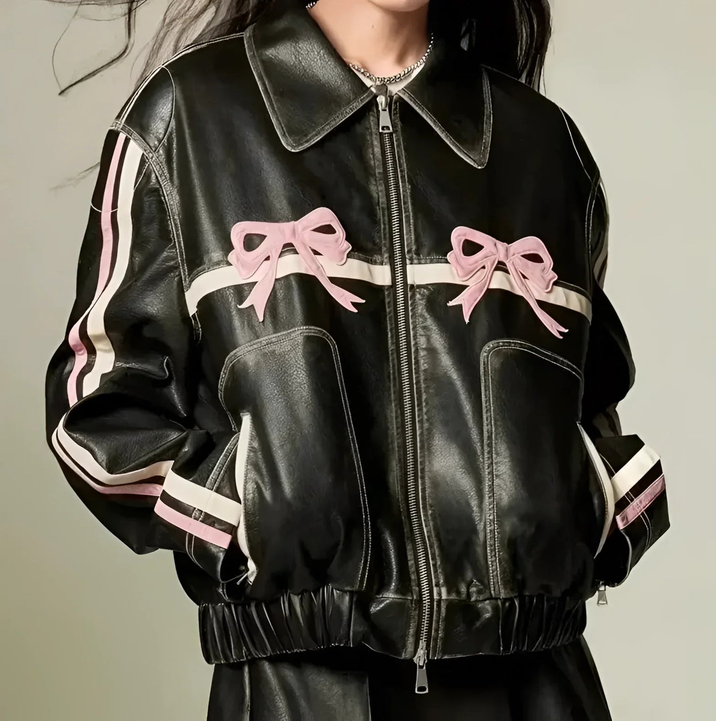 Women's Leather Jacket Bow Motif Metallic Stripes Black