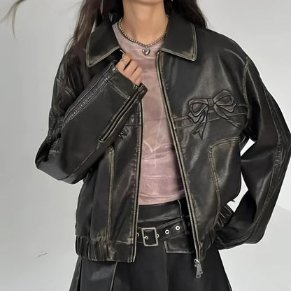 Women's Leather Jacket Bow Motif Metallic Stripes Black