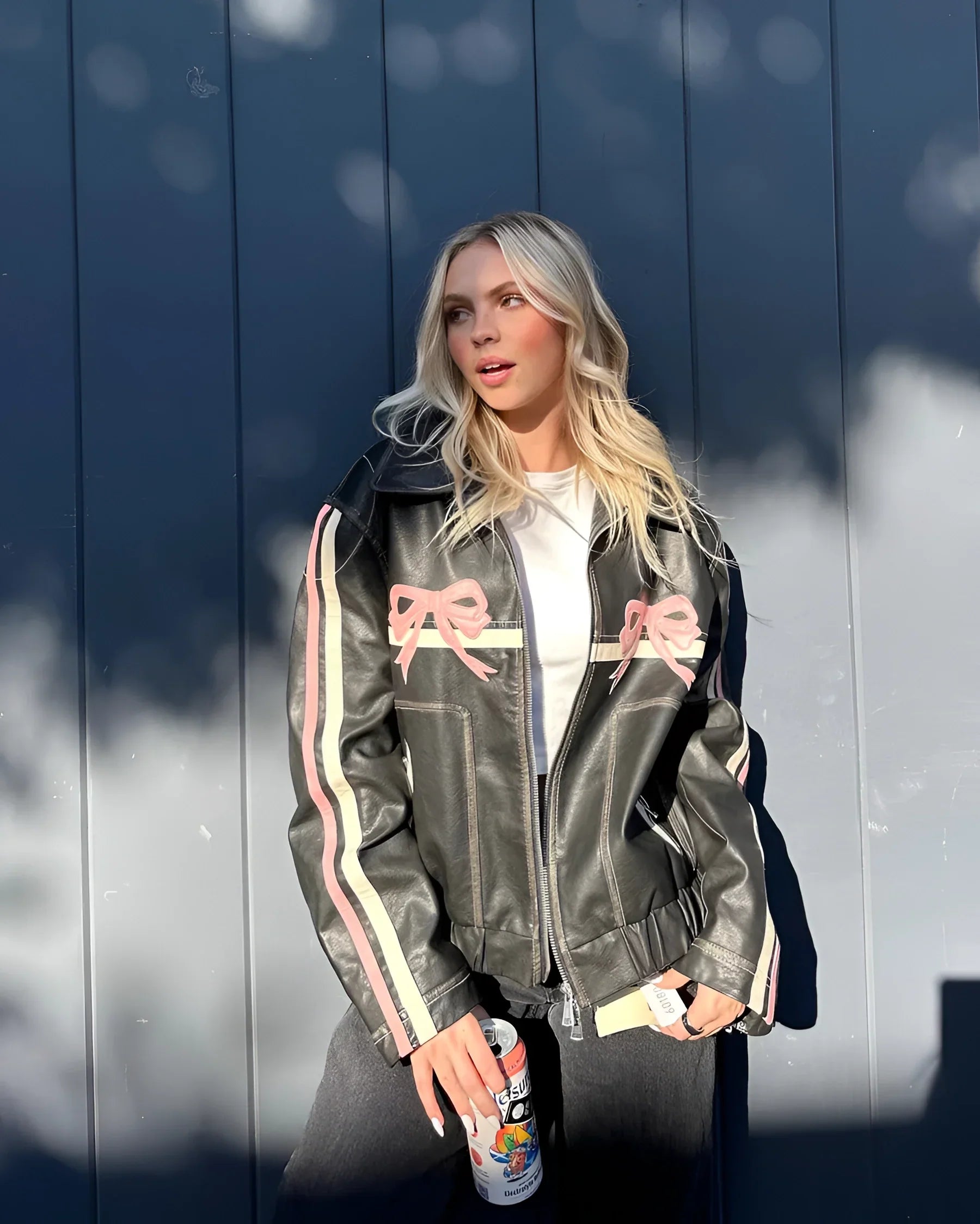 Women's Leather Jacket Bow Motif Metallic Stripes Black - Vonnera