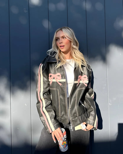 Women's Leather Jacket Bow Motif Metallic Stripes Black - Vonnera