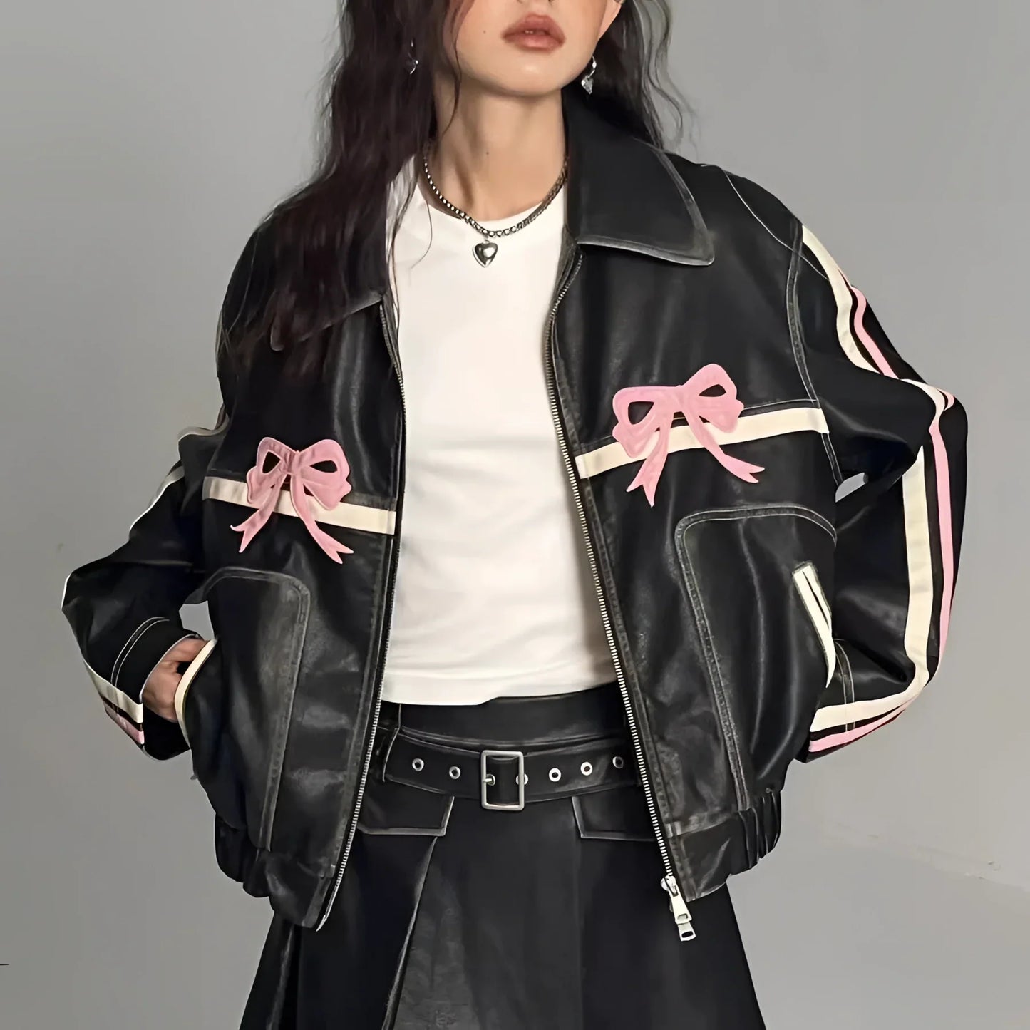 Women's Leather Jacket Bow Motif Metallic Stripes Black