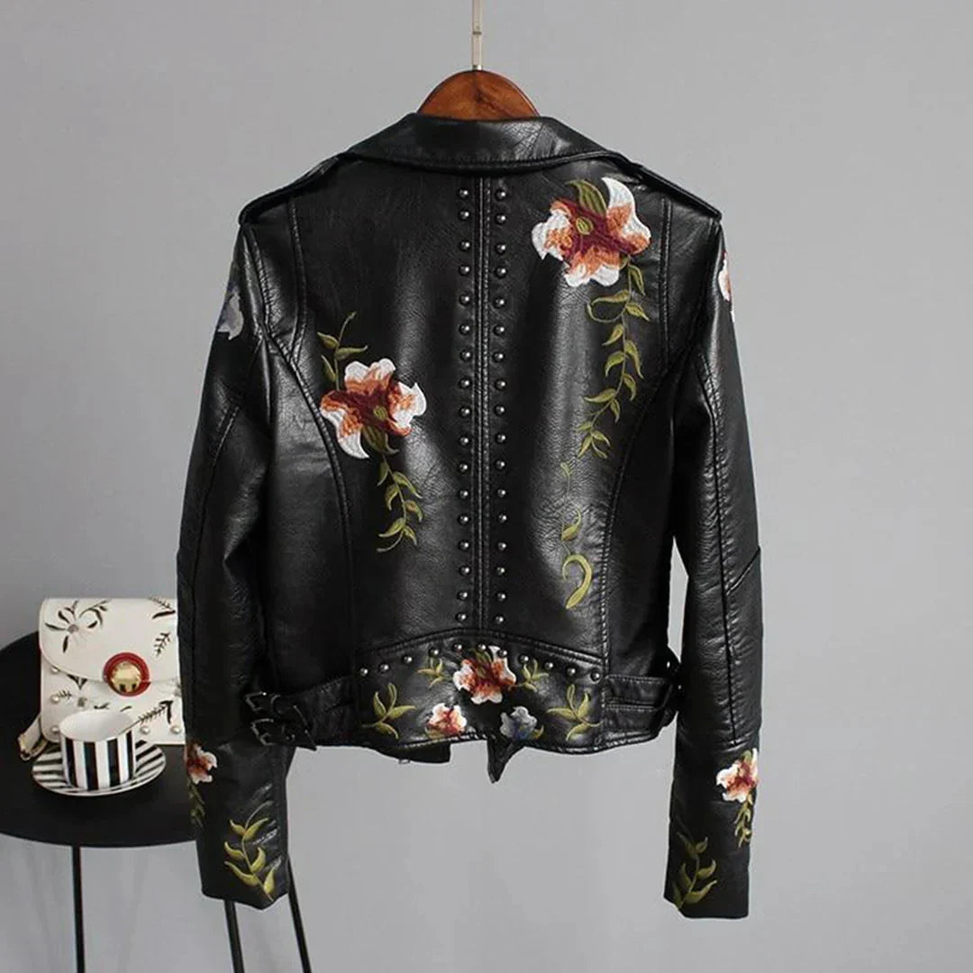 Women's Leather Bomber Jacket Embroidered Floral White