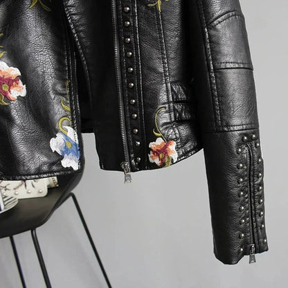 Women's Leather Bomber Jacket Embroidered Floral White