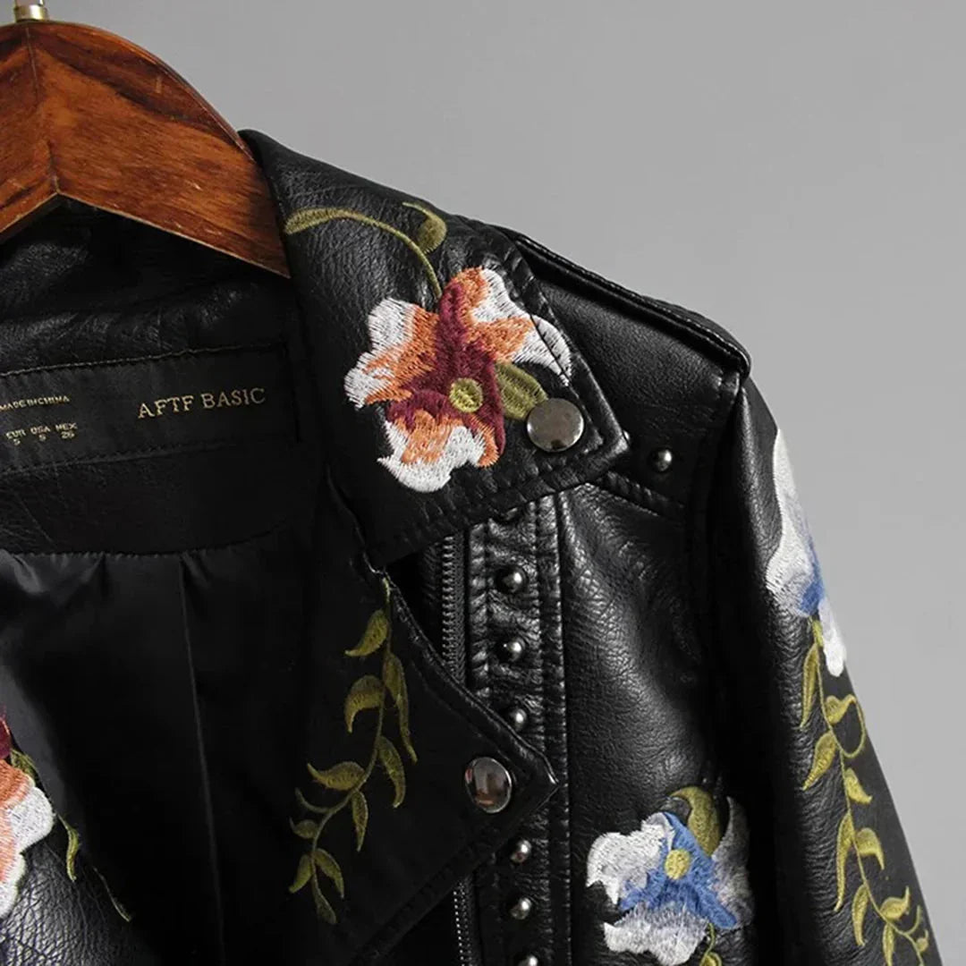Women's Leather Bomber Jacket Embroidered Floral White