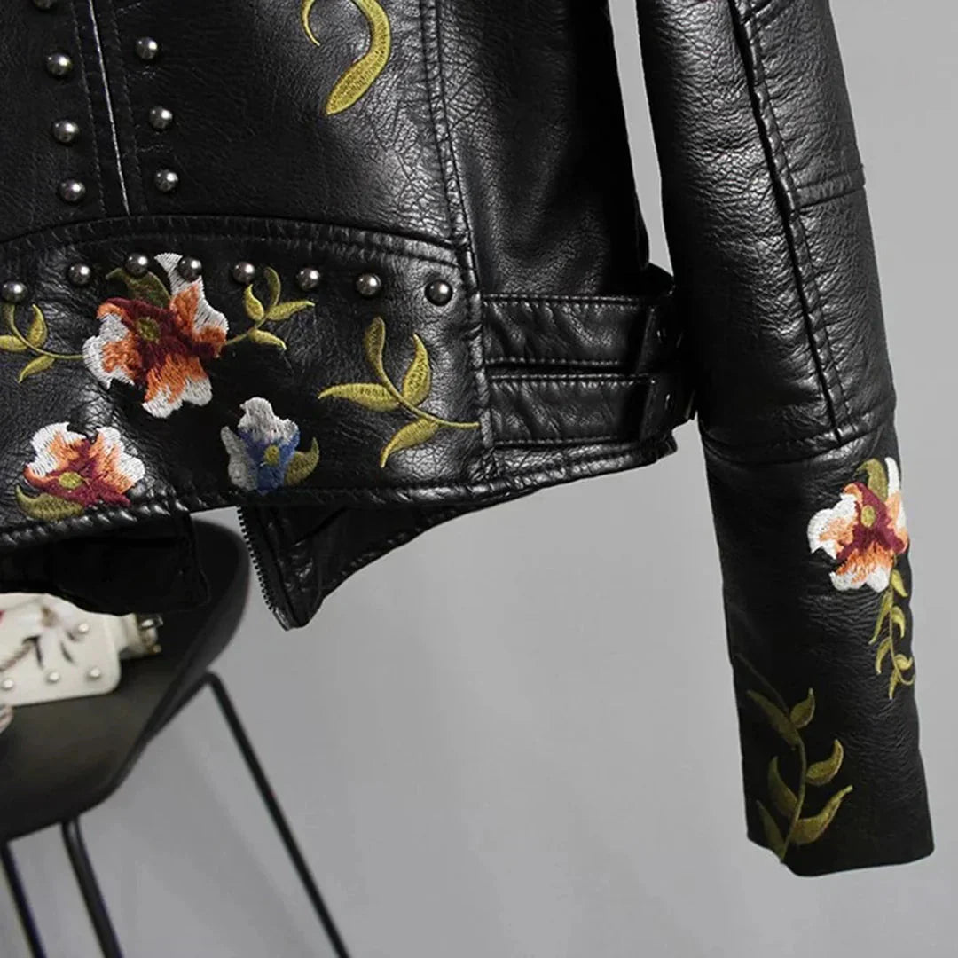 Women's Leather Bomber Jacket Embroidered Floral White