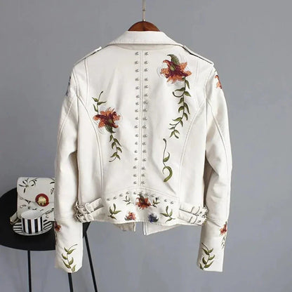 Women's Leather Bomber Jacket Embroidered Floral White - Vonnera