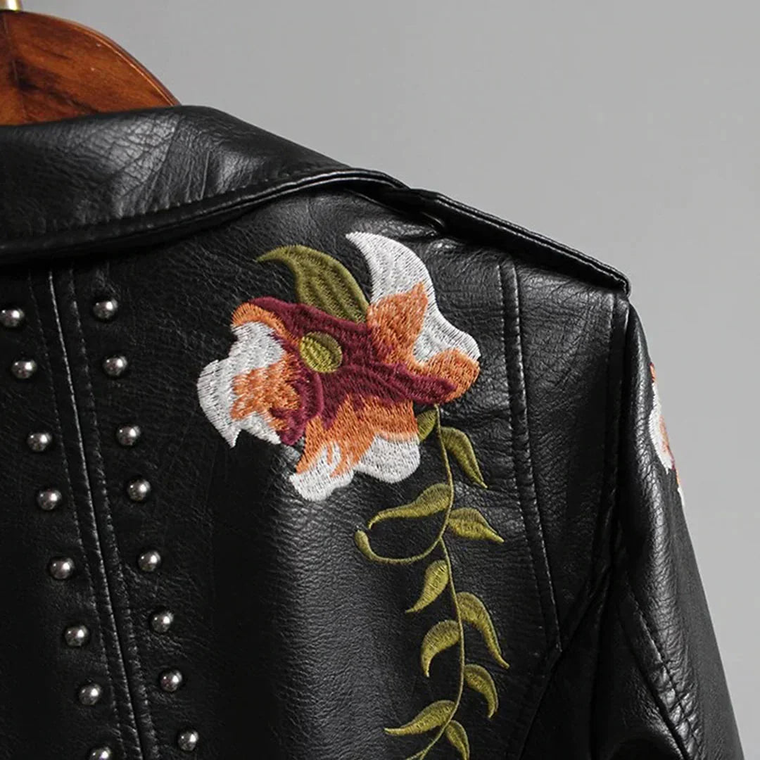 Women's Leather Bomber Jacket Embroidered Floral White