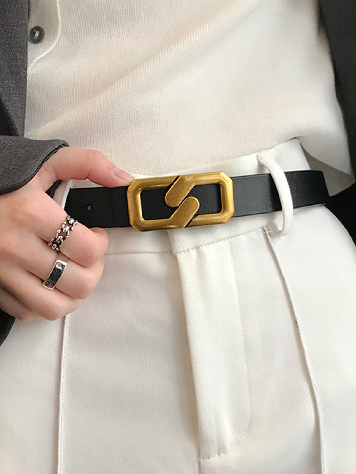 Women's Leather Belt Geometric Buckle