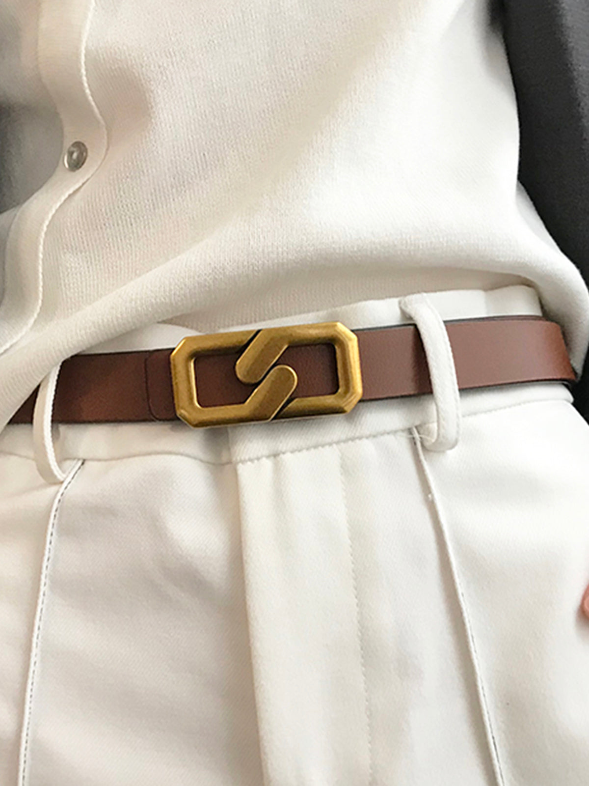 Women's Leather Belt Geometric Buckle - Vonnera