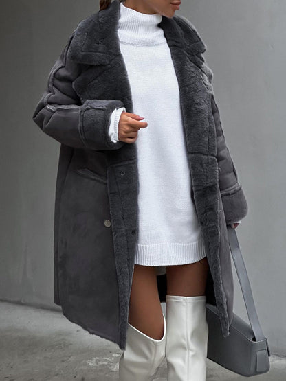 Women's Plus Size Fur Coat Lapel Collar Snap Front Black