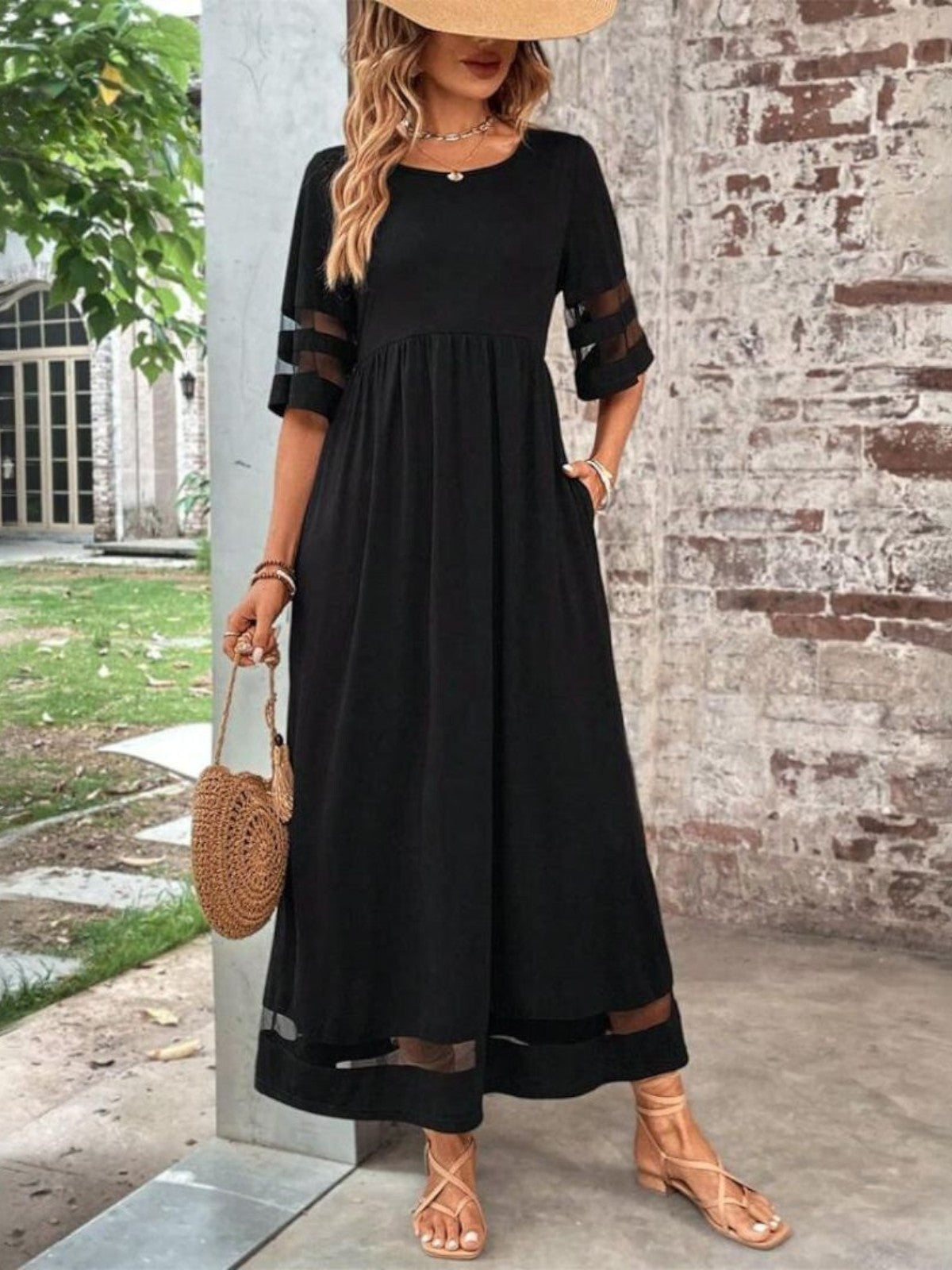 Women's Round Neck Maxi Dress Sheer Mesh Sleeves - Vonnera