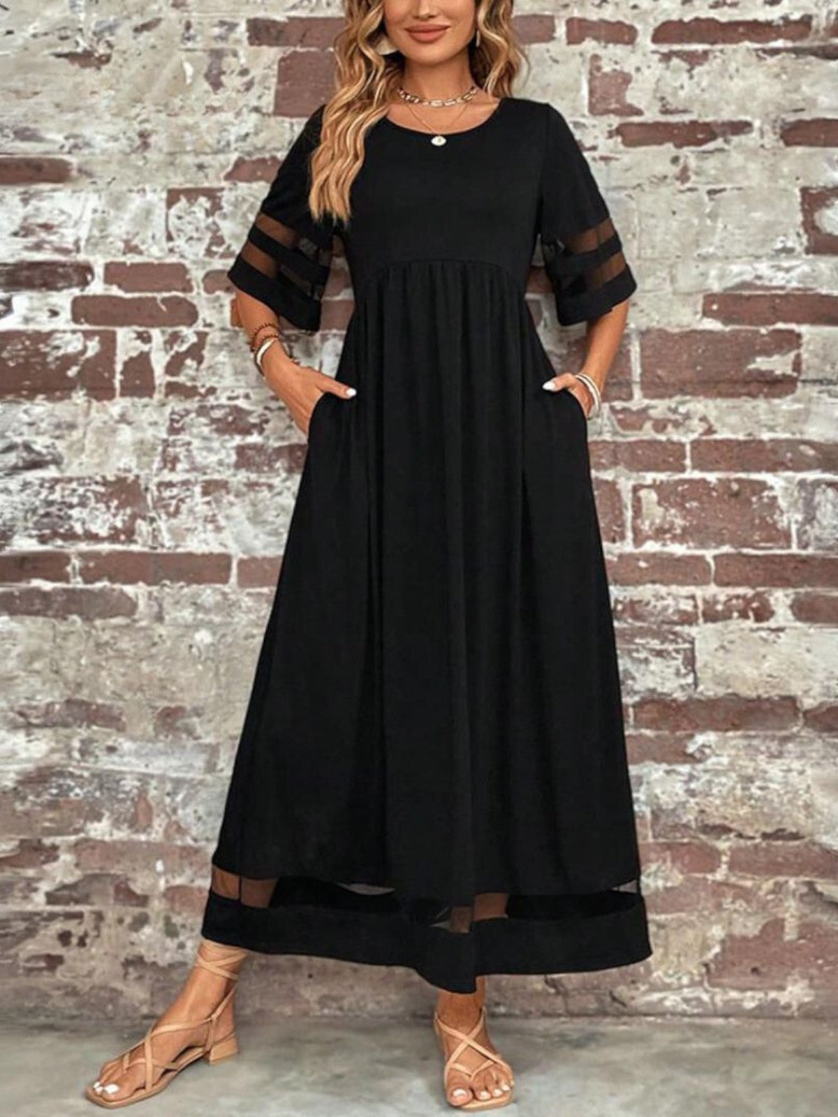 Women's Round Neck Maxi Dress Sheer Mesh Sleeves