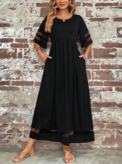 Women's Round Neck Maxi Dress Sheer Mesh Sleeves