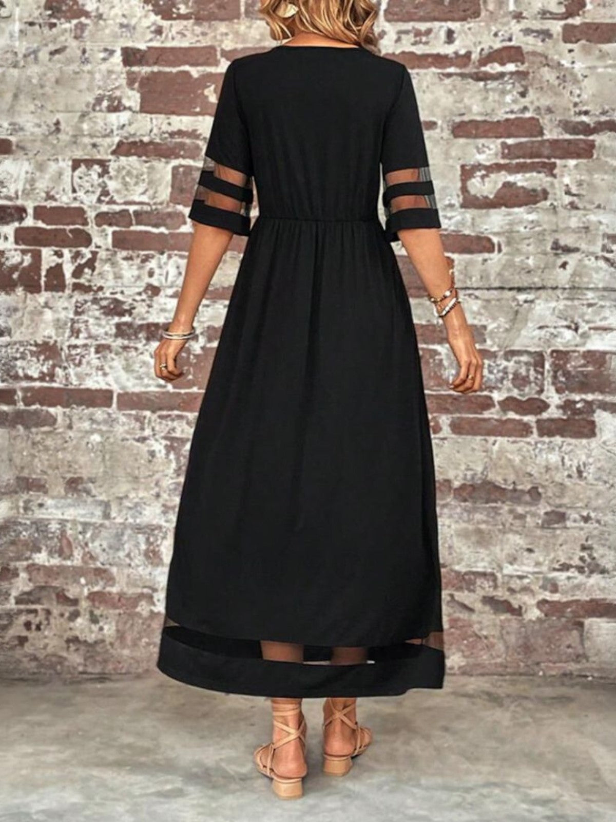 Women's Round Neck Maxi Dress Sheer Mesh Sleeves