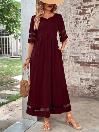 Women's Round Neck Maxi Dress Sheer Mesh Sleeves