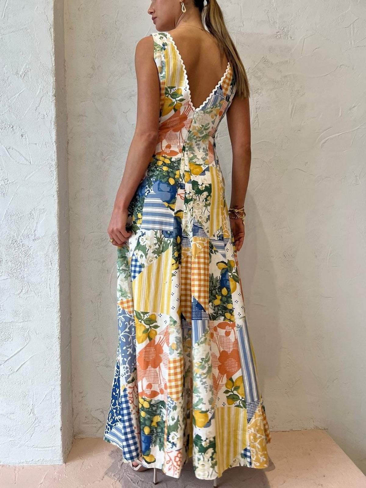 Women's Maxi Dress Patchwork V-Neck White Boho Style