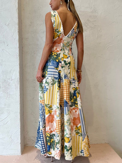 Women's Maxi Dress Patchwork V-Neck White Boho Style