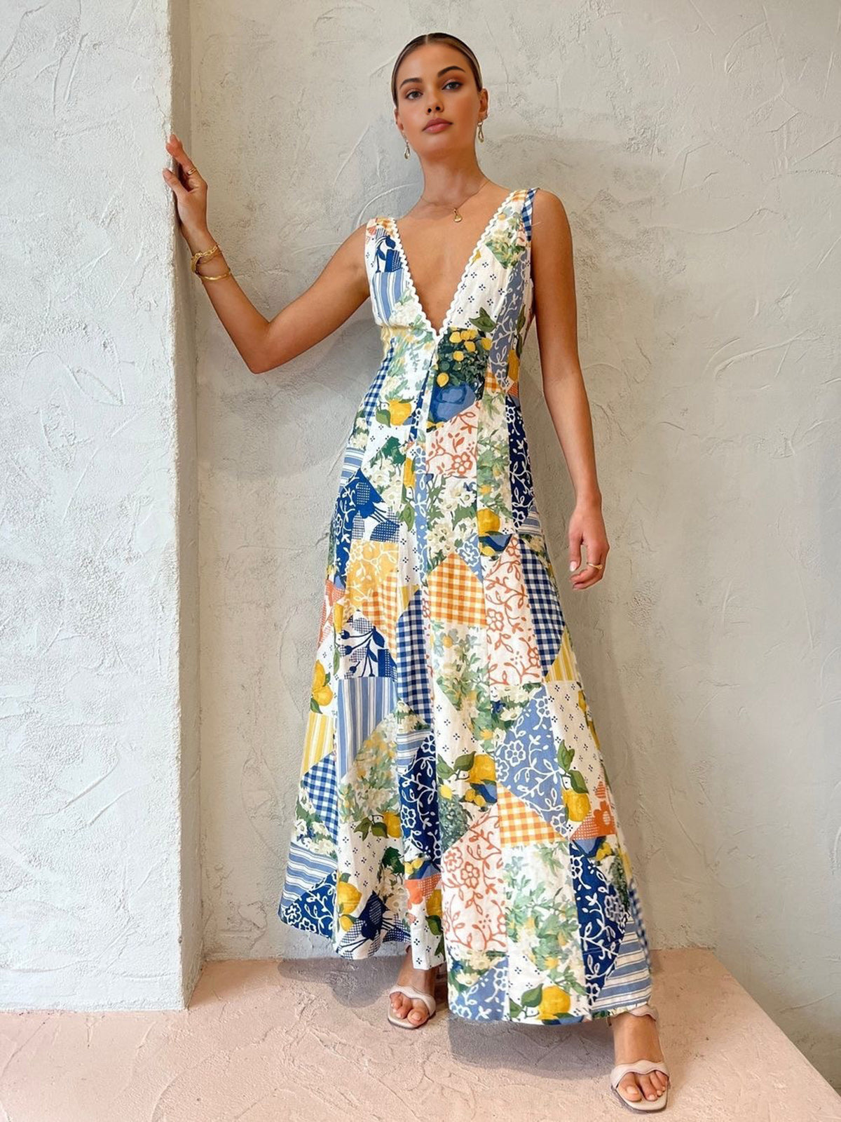 Women's Maxi Dress Patchwork V-Neck White Boho Style - Vonnera