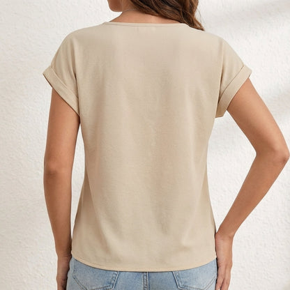 Women's Relaxed Fit V-Neck Blouse Cuffed Sleeves