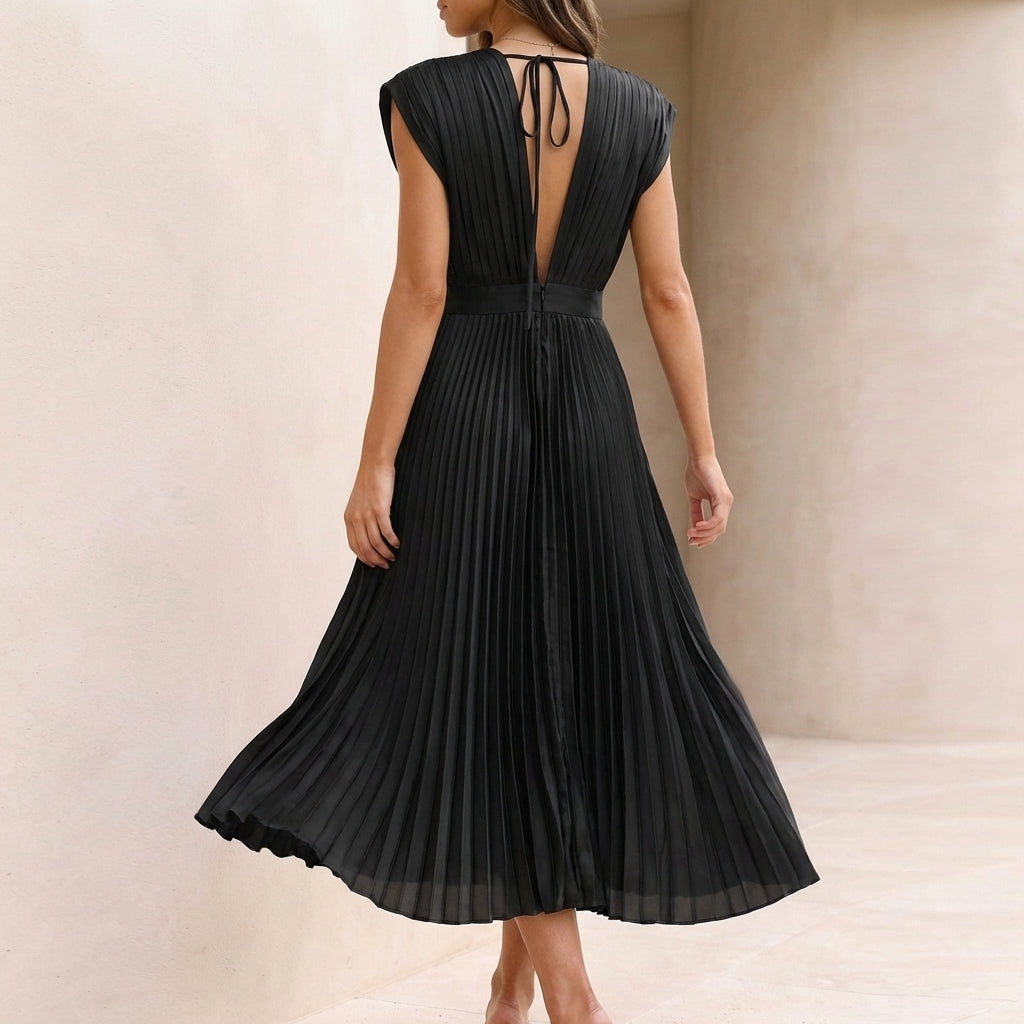 Women's Pleated Maxi Dress V-Neck Defined Waist
