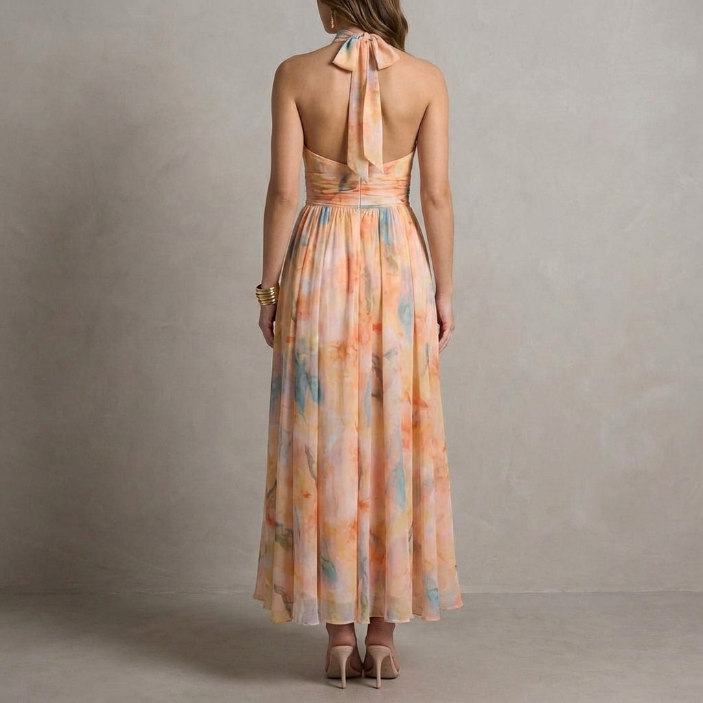 Women's Chiffon Maxi Dress Halter Neck with Waist Tie