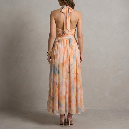 Women's Chiffon Maxi Dress Halter Neck with Waist Tie