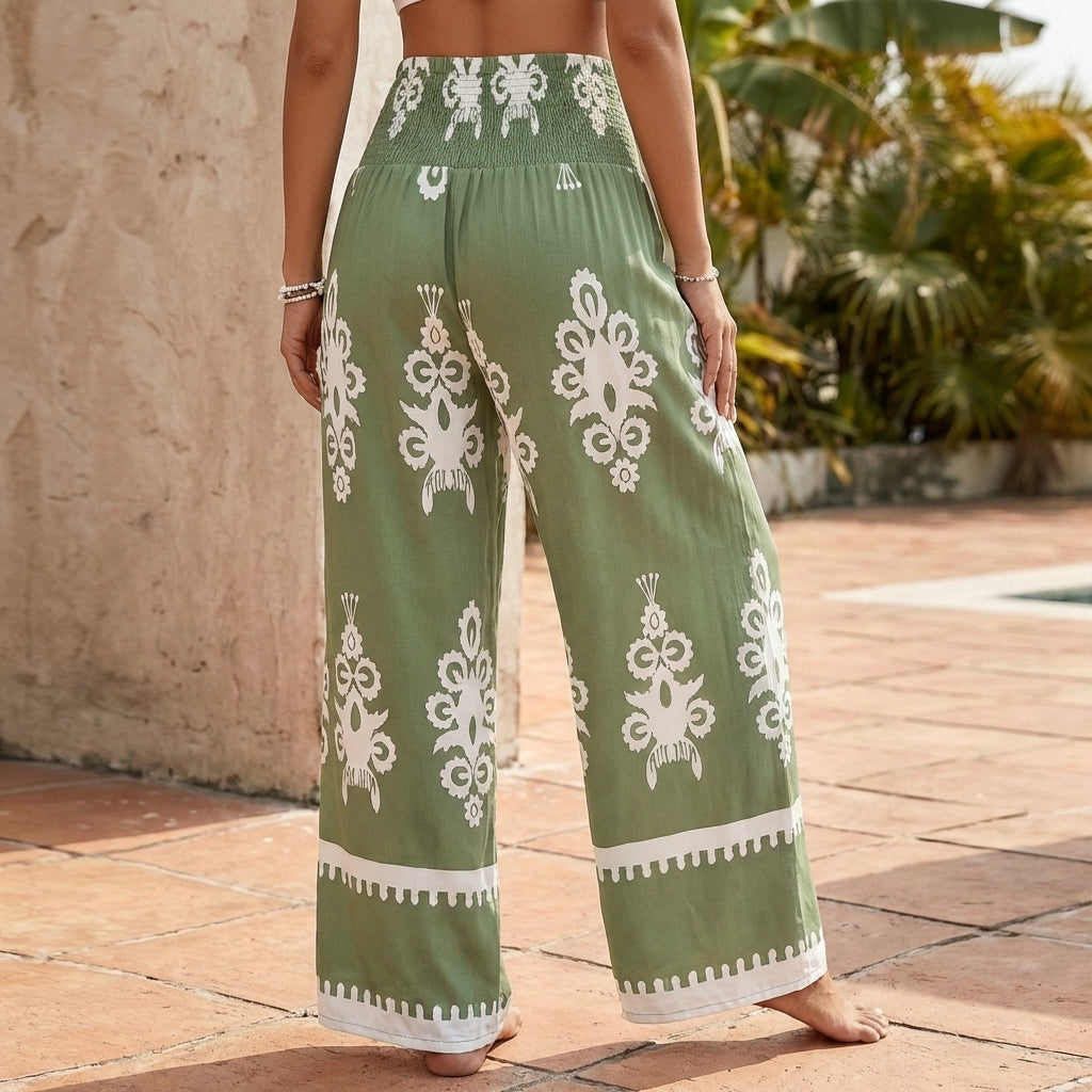 Wide Leg Bohemian Pants Flowy Gathered Waist Decorative Hem