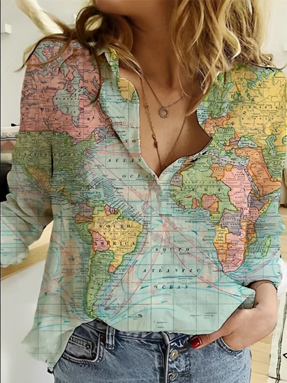 Women's World Map Printed Shirt - Vonnera