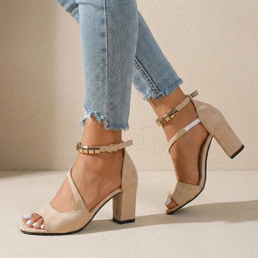 Women's Suede Block Heel Sandals Embellished Straps - Vonnera