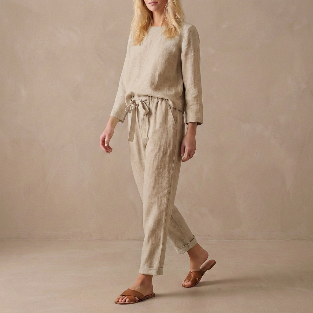 Women's Linen Two Piece Set Boat Neck Blouse Drawstring Pants - Vonnera