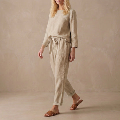 Women's Linen Two Piece Set Boat Neck Blouse Drawstring Pants - Vonnera