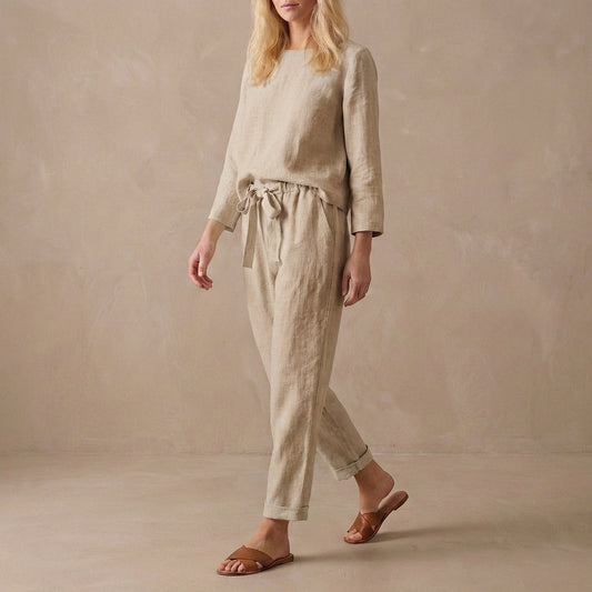 Women's Linen Two Piece Set Boat Neck Blouse Drawstring Pants - Vonnera
