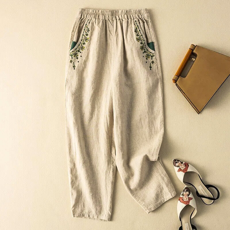 Linen Relaxed Fit Harem Pants Ankle Length Embroidered Pockets