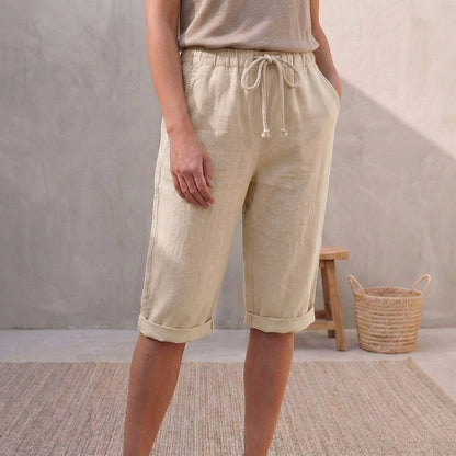 Linen Capri Pants Relaxed Fit Drawstring Waist Cuffed Beige