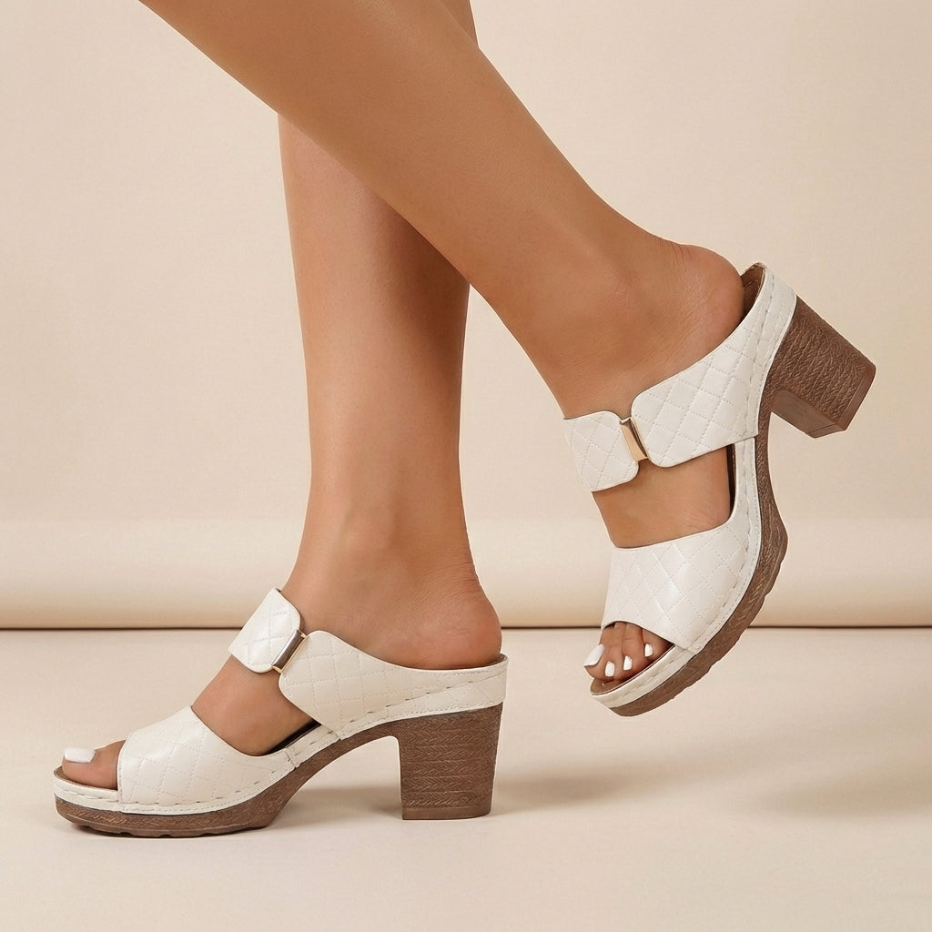 Women's Quilted Slide Sandals Block Heel Metallic