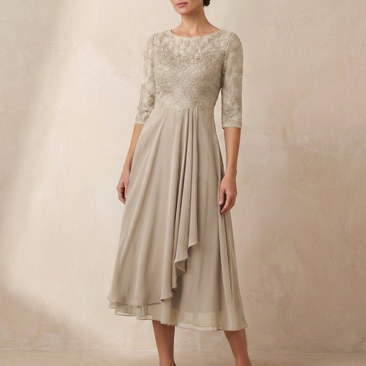 Women's Embroidered A-Line Midi Dress Sheer Sleeves - Vonnera