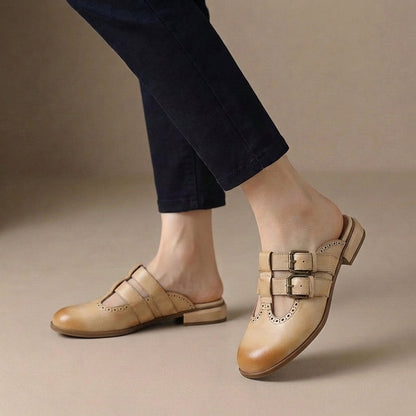 Women's Slip-On Mule Heels Double Buckle Brown Leather