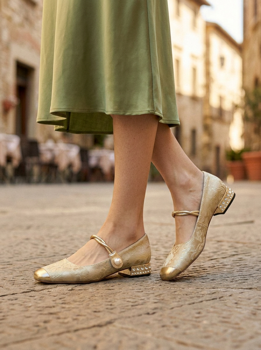 Women's Mary Jane Shoes Brocade Pearl Metallic Strap