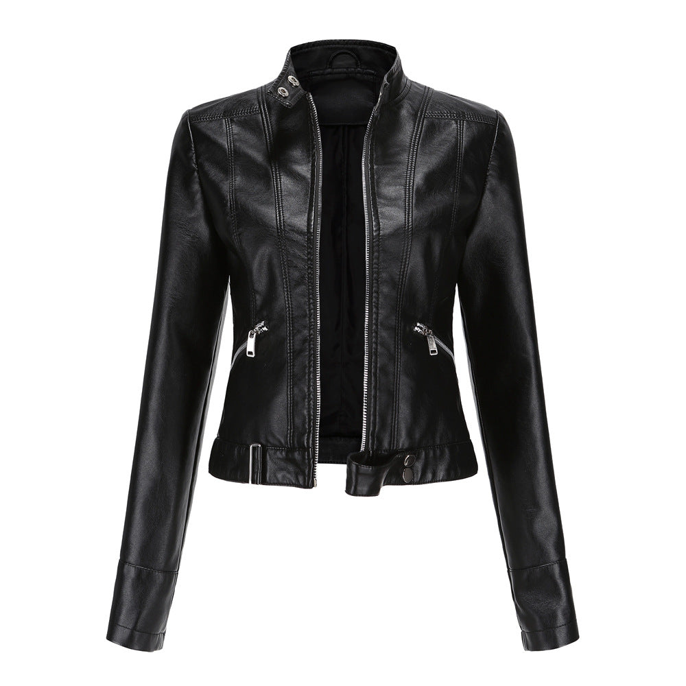 Women's Leather Jacket Zip Closure High Collar Adjustable Belt - Vonnera