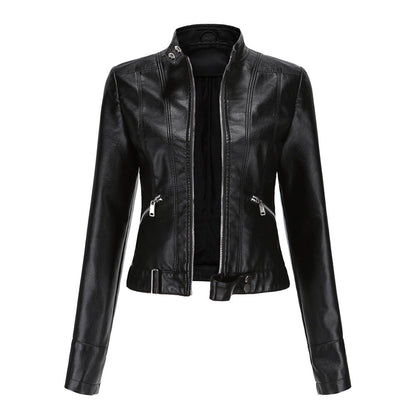 Women's Leather Jacket Zip Closure High Collar Adjustable Belt - Vonnera