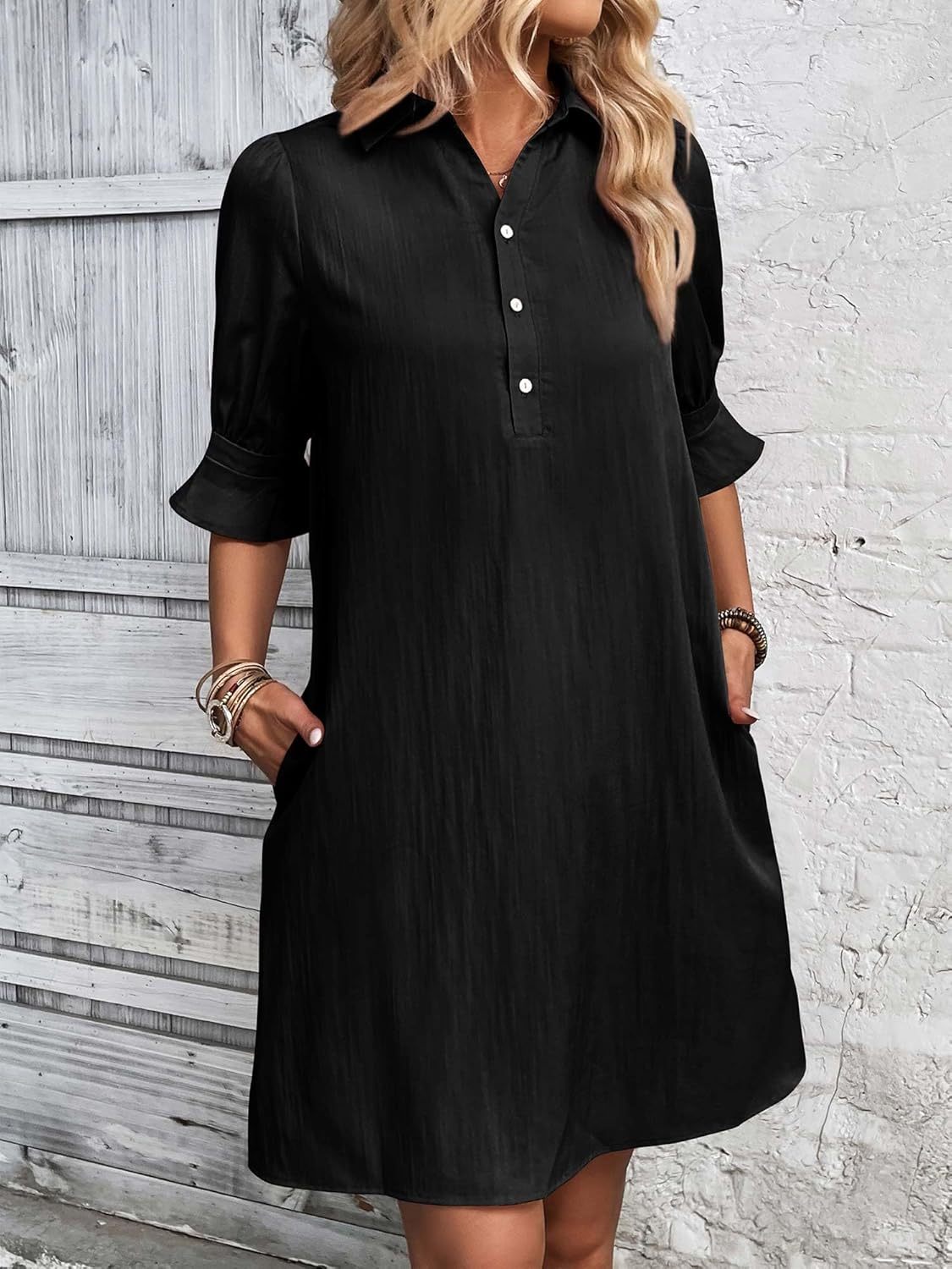 Women's 3/4 Sleeve Shirt Dress Knee Length - Vonnera