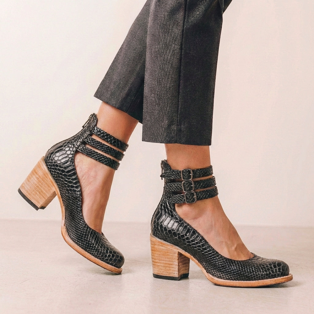 Vegan Leather Block Heel Pumps Buckled Ankle Strap Black - Vonnera