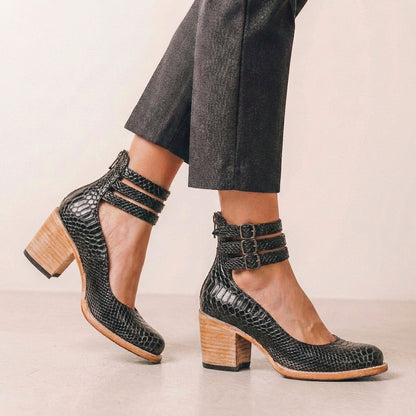 Vegan Leather Block Heel Pumps Buckled Ankle Strap Black - Vonnera