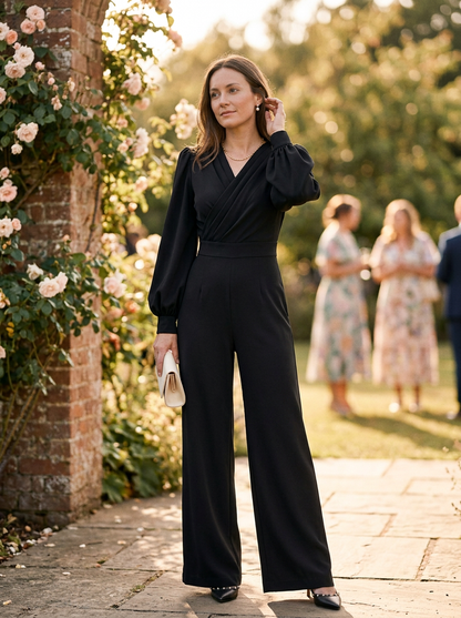 Women's V-Neck Jumpsuit Voluminous Sleeves Wide Leg - Vonnera
