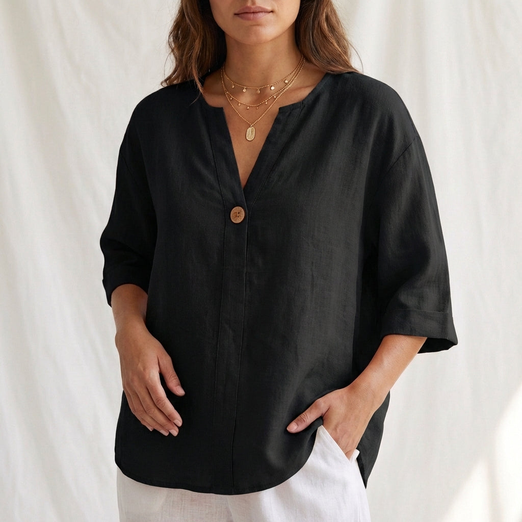 Women's Cotton Blouse V-Neck Cuffed Sleeves White - Vonnera